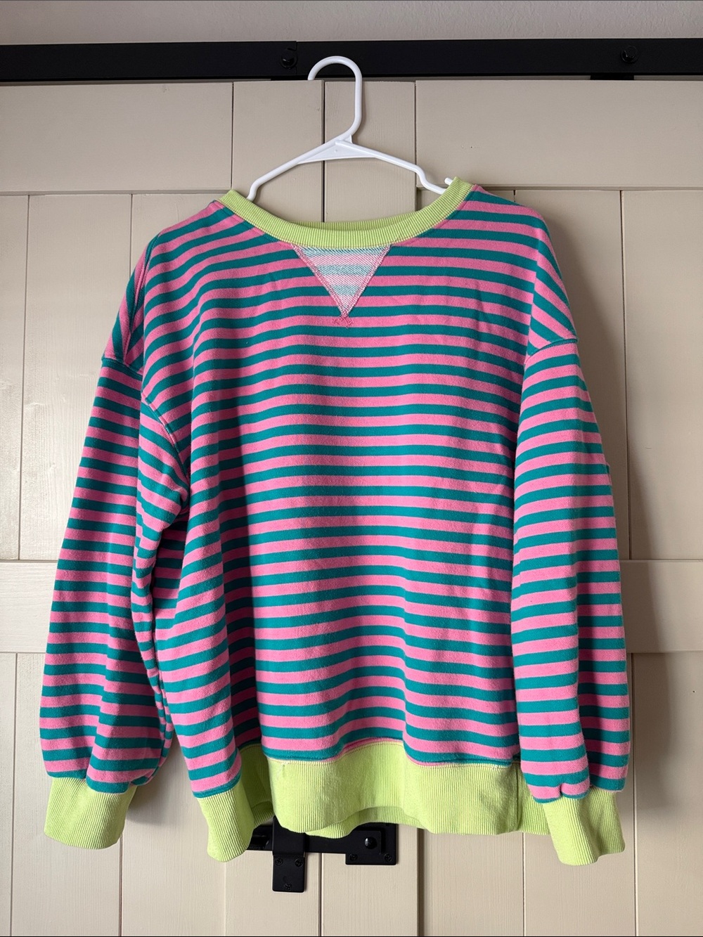Green and Pink Striped Crewneck Sweater